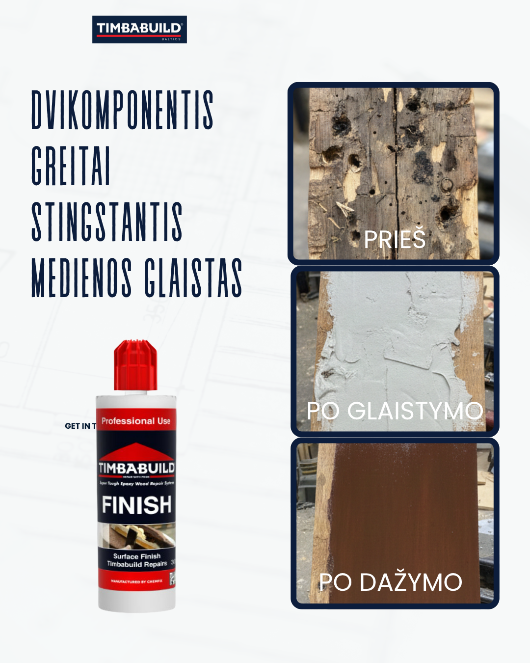 Timbabuild Finish 300g – Dviejų komponentų greitai kietėjantis medienos glaistas